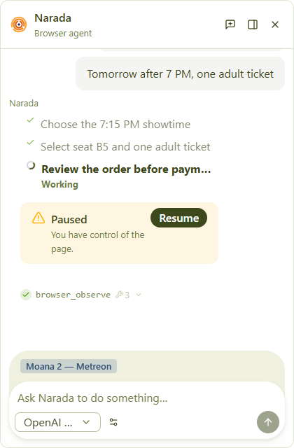 Narada pausing a task so the person can take control of the page